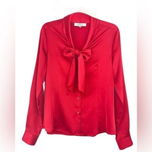 Kasper Bow Tie Long Sleeve Shirt Satin Red Blouse